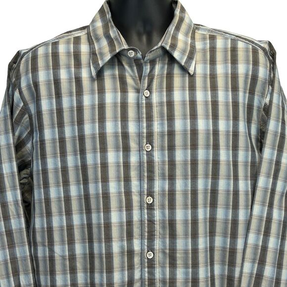 Tommy Bahama Plaid Button Front Shirt Mens XL X-Large Indigo Palms LS Beige Blue - Picture 1 of 7